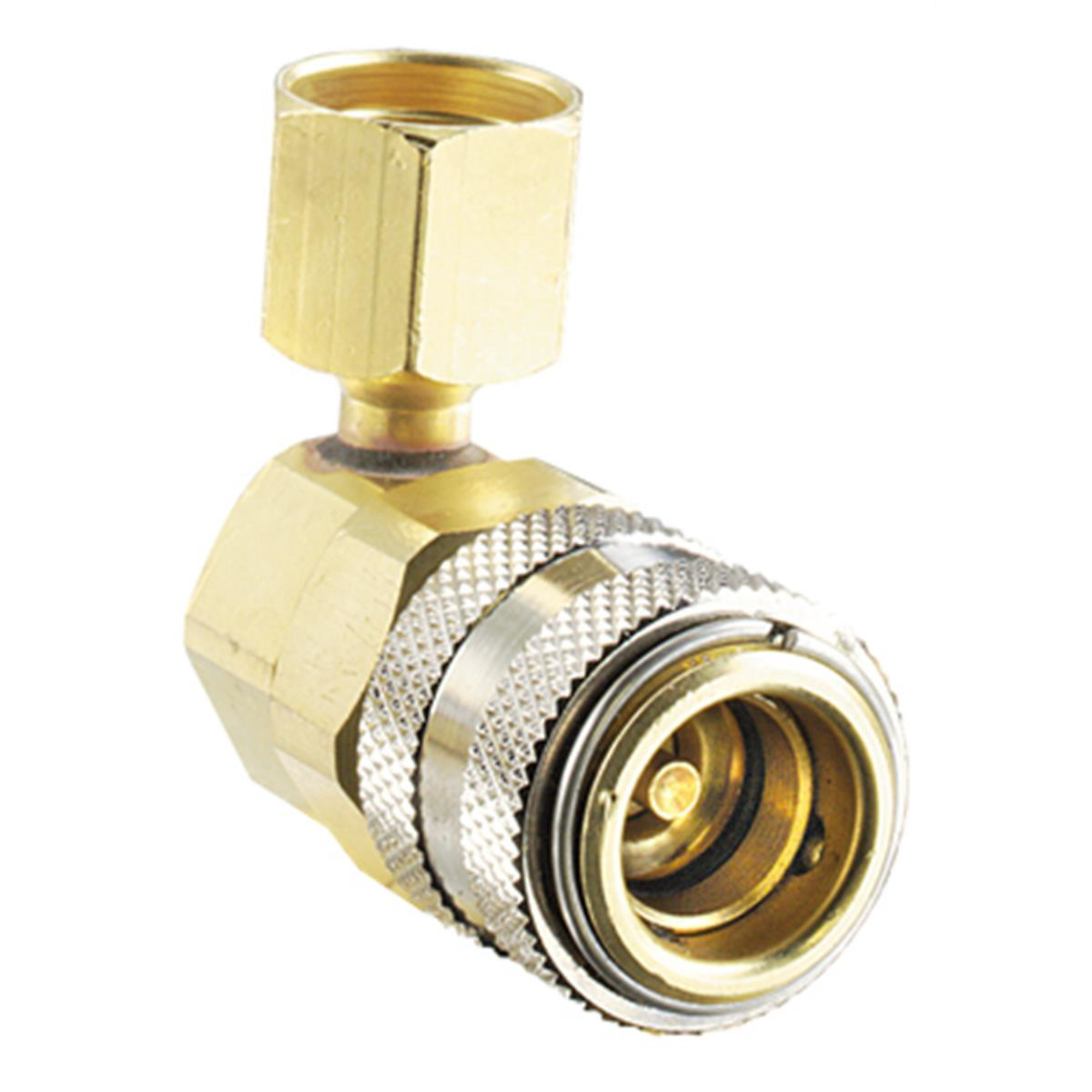 FJC R134a Low Side Quick Coupler — 90 Degree, 14mm x 1.5mm Hose Connection, Anti-Blowback, Compact Design, Model# FJC6006